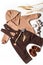 Flatlay of children`s clothing, children`s brown shoes shoes for autumn, brown trousers and beige hoodie