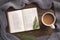 Flatlay composition with white knitted scarf, cup of coffe and open book on wooden desk table