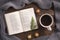 Flatlay composition with white knitted scarf, cup of coffe and open book on wooden desk table