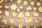 Flatlay, delicious christmas cookies on wooden table