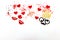 Flatlay false paper photo stand props: crown lips, mustache and hearts white background copyspace for Valentine`s day greeting