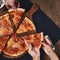 Flatlay. Friends eat pizza.