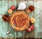 Flatlay of healthy homemade dessert. Apple rose shape pie served