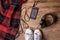 Flatlay of hipster sneaker shoes ,mobile phone with music and headphone. Urban outfit for everyday , fitness and healthy active li