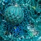 Flatlay of New Year or Christmas decorations of turquoise color: tinsel, balls, garlands, stars