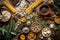 flatlay of pasta-making tools, dough, and herbs