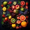 flatlay, set of full and sliced fruits, bananas, strawberries, almonds, mangoes, apples and other fruits, healthy and