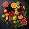 flatlay, set of full and sliced fruits, bananas, strawberries, almonds, mangoes, apples and other fruits, healthy and