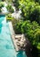 Flatlay sunbathing terrace pool side.