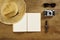 Flatlay top travel retro book fountain pen hat