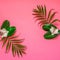 Flatlay with tropical plants and flowers on pink background with