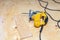 Flatlay of a yellow electric jigsaw ready for work use on the workbench with sawn plywood in a workshop for carpentry work. Tool