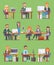 Flatr vector business people workplace office worker or person working on laptop and PC at the table in office coworker