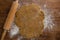 Flattened dough on a wooden table