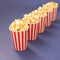 Flavored crispy popcorn poured into five striped white-red paper cups, which stand in a row diagonally on a lilac background, copy