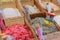 Flavored salts for sale with a handwritten signs at a local outdoor farmers market in Nice, France