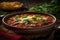 Flavorful chili con carne, garnished, sour cream, cheese, cilantro, satisfying meal, generative AI