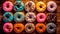 Flavorful Donut Assortment: Vibrant Colors on a Wooden Platter