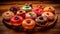 Flavorful Donut Selection: Colorful Assortment on a Wooden Platter