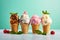 Flavorful ice cream sundaes with waffle cones on pink and mint blue background