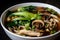 Flavorful Szechuan chicken noodle soup with bok choy, mushrooms, and scallions garnished with sesame seeds and cilantro