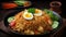 Flavors of Asia, Exquisite Presentation of Nasi Goreng with Eggs, Chicken Meat, and Fresh Vegetables. Generative AI