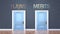 Flaws and merits as a choice - pictured as words Flaws, merits on doors to show that Flaws and merits are opposite options while