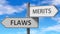 Flaws and merits as a choice - pictured as words Flaws, merits on road signs to show that when a person makes decision he can