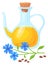 Flax oil jug with flowers and seed. Natural cooking ingridient