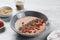 Flaxseed Porridge in a Bowl, Healthy Breakfast or Snack, Porridge Decorated with Chia Seeds and Goji Berries