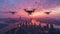Fleet Of Drones Hovering Over Urban Skyline. Smart City And Surveillance Technology. AI Generated