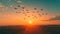 Fleet Of Drones Soaring Through A Sunset Sky, The Warm Glow Over A Tranquil Landscape. AI Generated