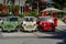 Fleet of the Mini Moke cars in front of famous Eden Rock Hotel on the island of Saint Barthelemy