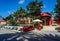 Fleet of the Moke and Mini cars in front of famous Eden Rock Hotel on the island of Saint Barthelemy