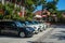 Fleet of the Moke and Mini cars in front of famous Eden Rock Hotel on the island of Saint Barthelemy