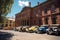 fleet of vintage vehicles on a sunny day, parked outside historical building