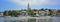 Flensburg panorama, skyline of the city on the east side of the fjord with St. Jurgen church, town houses and sailing ships on the