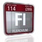 Flerovium symbol in square shape with metallic border and transparent background with reflection on the floor. 3D render