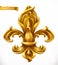 Fleur-de-lis, stylized lily gold emblem. 3d vector icon