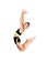 Flexible cute little girl child gymnast jumping and having fun isolated on a white background