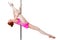 Flexible gymnast shows her twine on a pylon on a white