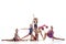 Flexible, talented, beautiful children, rhythmic gymnasts in motion, performing with ball and hoop against white studio