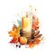 Flickering Autumn Glow: Candle Watercolor Isolated on White Background - Generative AI
