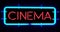 Flickering blinking blue neon sign on black background, cinema movie film entertainment sign