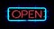 Flickering blinking blue neon sign on black background, open shop bar sign