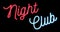 Flickering blinking red and blue neon sign on black background, adult show night club sign