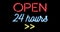 Flickering blinking red and blue neon sign on black background, open shop bar 24 hours sign