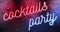 Flickering blinking red and blue neon sign on brick wall background, open cocktails party sign