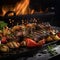 The flickering flames embrace juicy meat and fresh greens, while the tantalizing, grilled potatoes steal the spotlight