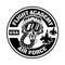 Flight academy vector round emblem, badge, label, logo or t-shirt print with pilot helmet in monochrome vintage style